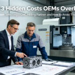 Dianabol A hyper-realistic photo of an OEM procurement manager and a supplier engineer collaboratively reviewing a complex machined metal part, technical drawings, and a marked-up DFM report on a workbench in a modern 5-axis CNC workshop, with the article title overlaid.
