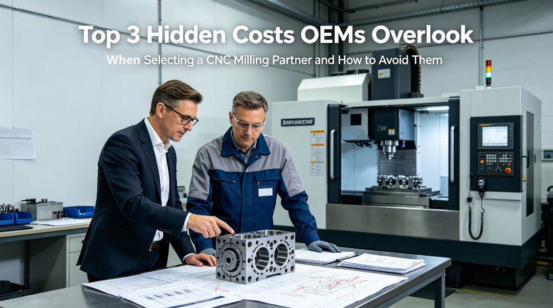 CNC Milling Partner A hyper-realistic photo of an OEM procurement manager and a supplier engineer collaboratively reviewing a complex machined metal part, technical drawings, and a marked-up DFM report on a workbench in a modern 5-axis CNC workshop, with the article title overlaid.